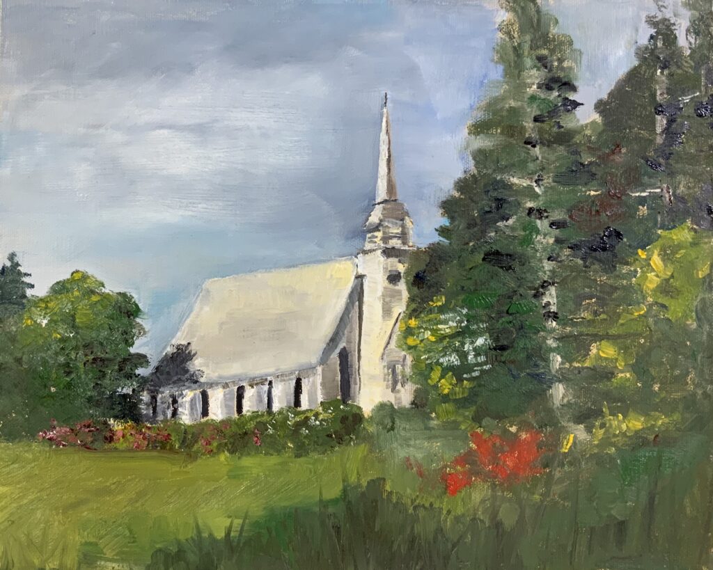 oil painting of white chapel in a field