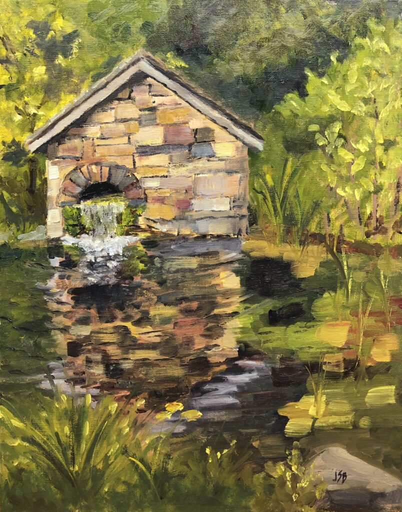 Oil painting of a stone springhouse feeding into a small pond.