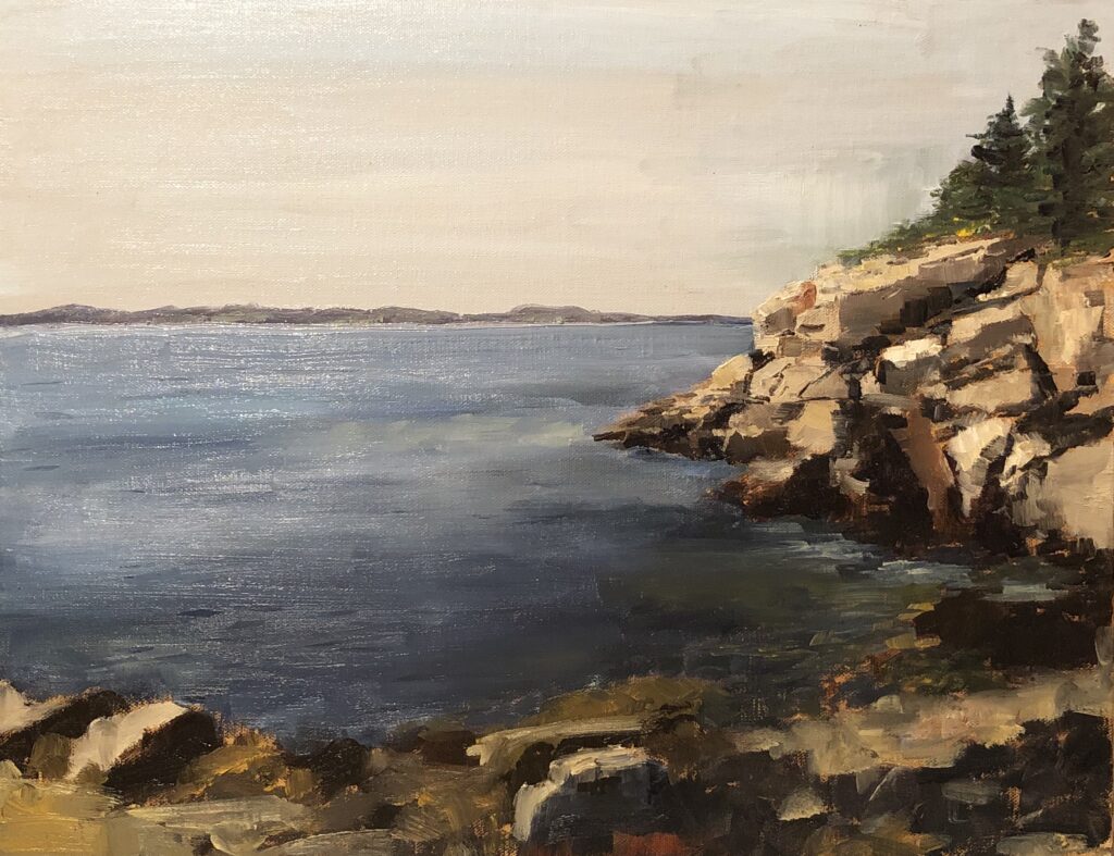 Oil painting of rocky cliffs and water