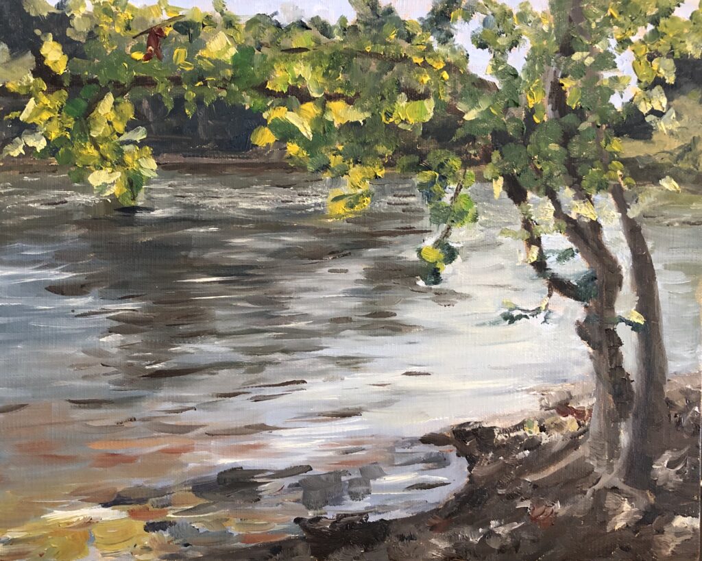 oil painting of river and tree in foreground