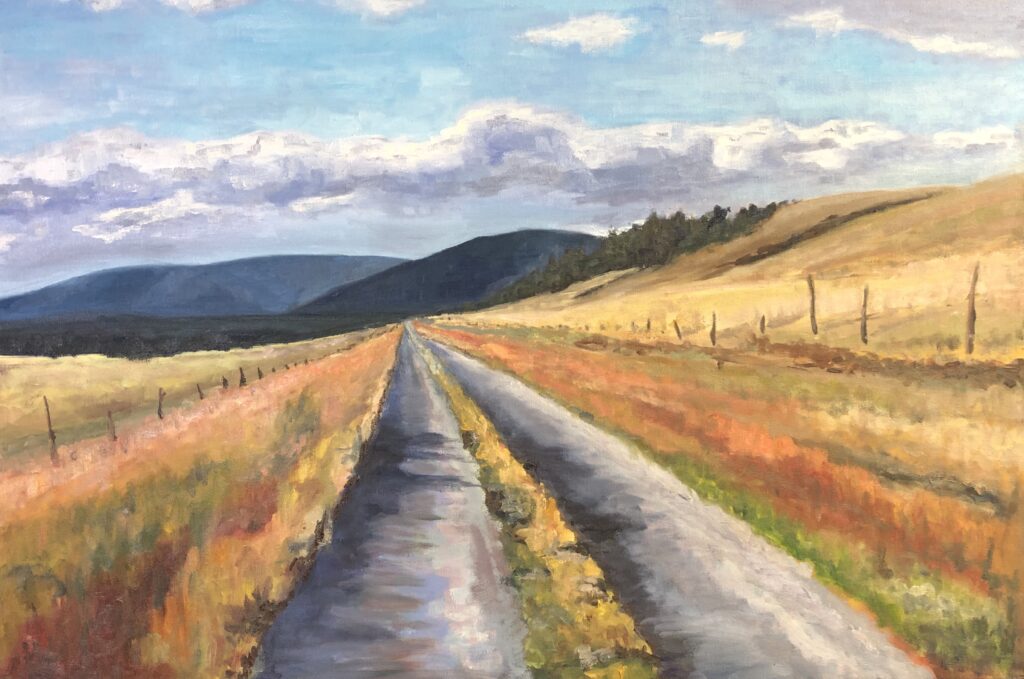 Oil painting of dirt road disappearing into the distance with mountains in the background
