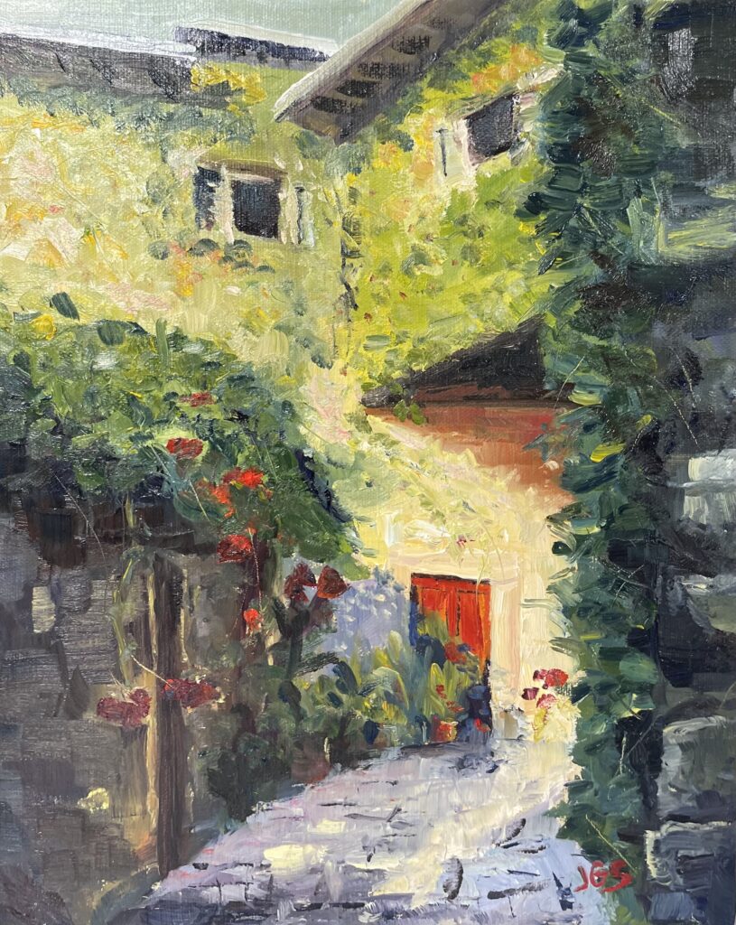Oil Painting of a Red Door in a small alley in Montefioralle, a medieval Village in Greve in Chianti, in Tuscany, Italy.