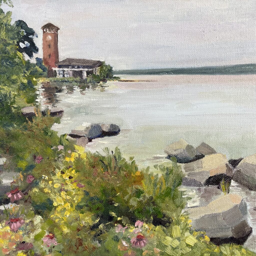 oil painting of Bell Tower, Lake Chautauqua