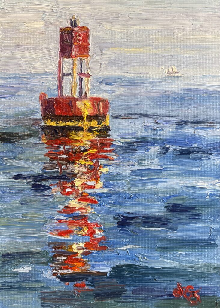 Oil painting of a red buoy marker in the ocean