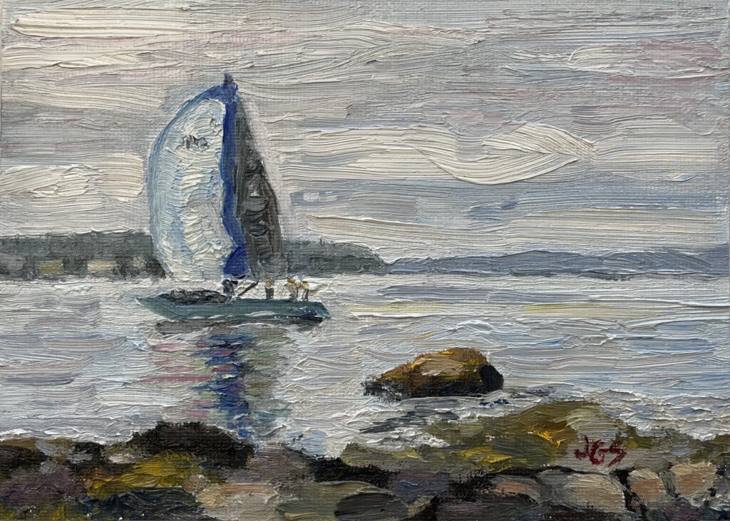 Oil painting of a sailboat off the rocky shore