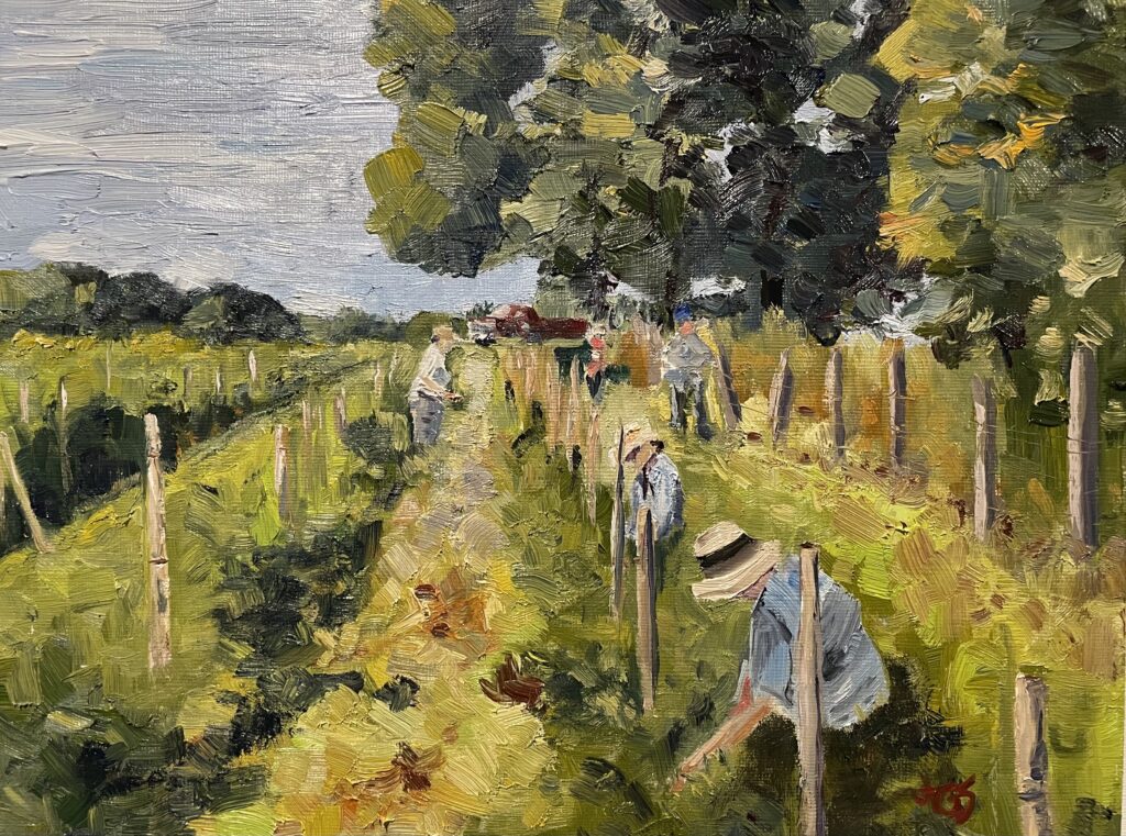 oil painting of a group of 5 gleaners, harvesting produce from rows in a farm field. Trees and a red pickup truck behind them.