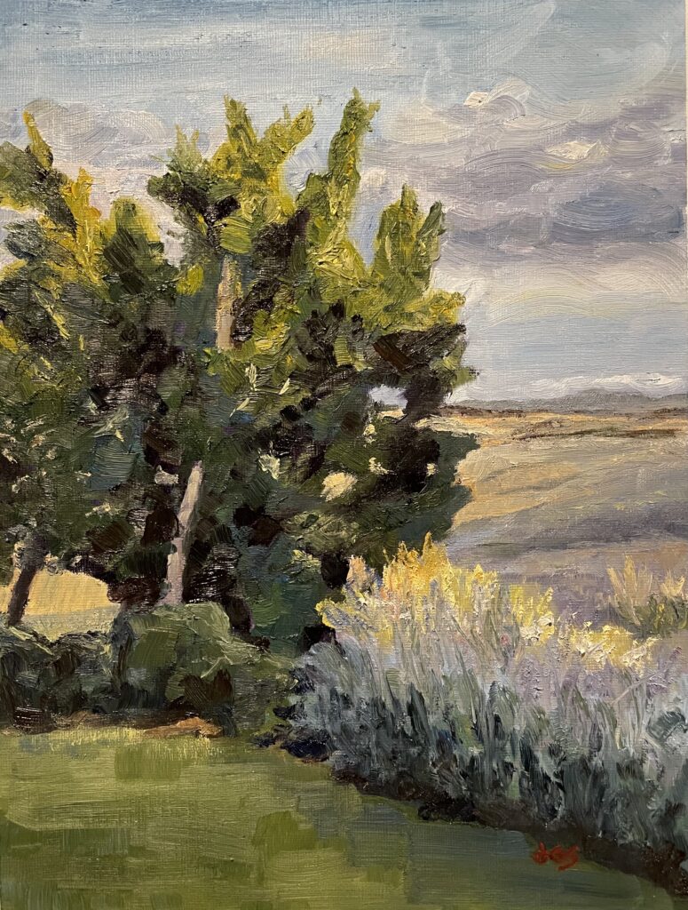 oil painting of large tree in left foreground and lavender hedge in right foreground. Distant Tuscany farms and vineyards in the distance.