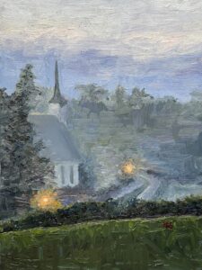 Oil painting of a foggy evening with a Chapel in the distance.