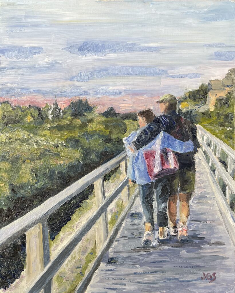 impressionistic oil painting of two figures with their arms around each other, walking away from the viewer. The woman, on the left, is wearing an oversized blue chambray shirt, jeans and sneakers and is carrying a red tote bag over her right shoulder. The man on the right is wearing a dark jacket and olive drab shorts, a tan baseball hat and sneakers. They are walking on a wooden decking sidewalk with wooden railings on either side. There are green bushes to the left and a distant white chapel with dark grey spire in the distance. Both figures are looking off to the left.