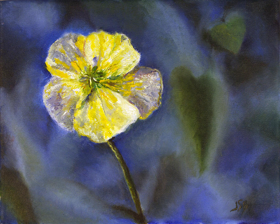 Oil painting of a close up of a white buttercup on a blue background. Soft and slightly blurry green leaves in the background