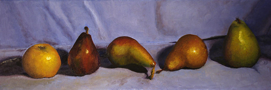 realistic style, still life oil painting of 5 different types of pears on a violet cloth background, 27 inches wide by 9 inches high. Ftrom left to right: asian pear, red bartlet, concorde, bosc, green anjou