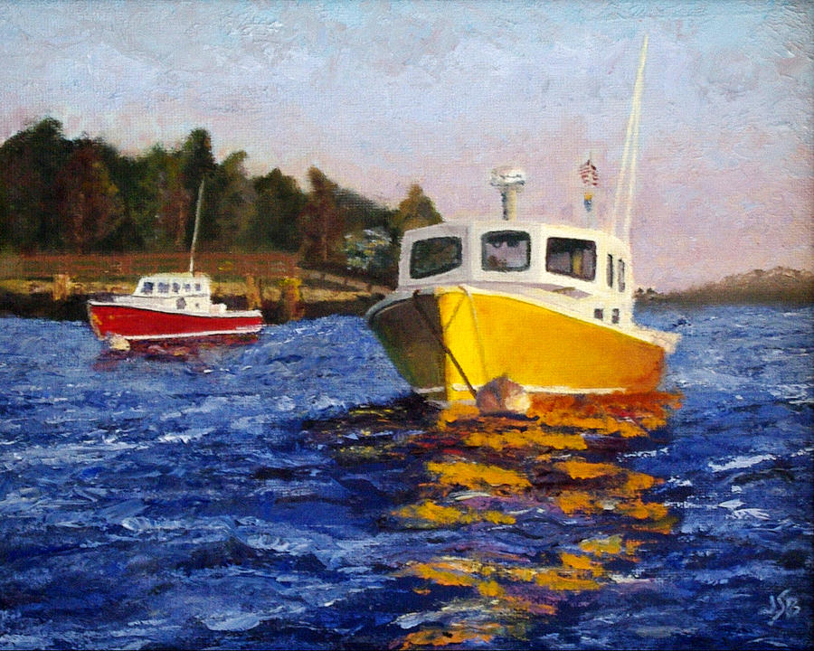 Two boats on blue water. Foreground boat is small yellow lobster boat. Boat in background is a red lobster boat.