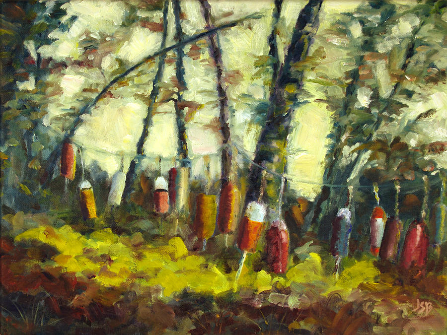 Oil painting of a string of 13 buoys hanging on a couple clothes lines attached to trees. loose, painterly impressionistic style