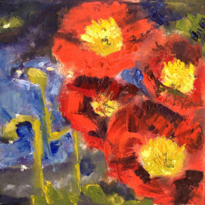 Oil painting, close up of a group of 4 poppies. Abstract, loose, impasto style.