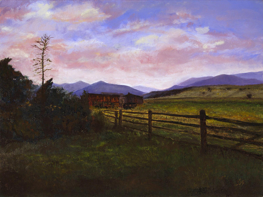 Oil painting of a red barn in a field. Post and rail fence in foreground.