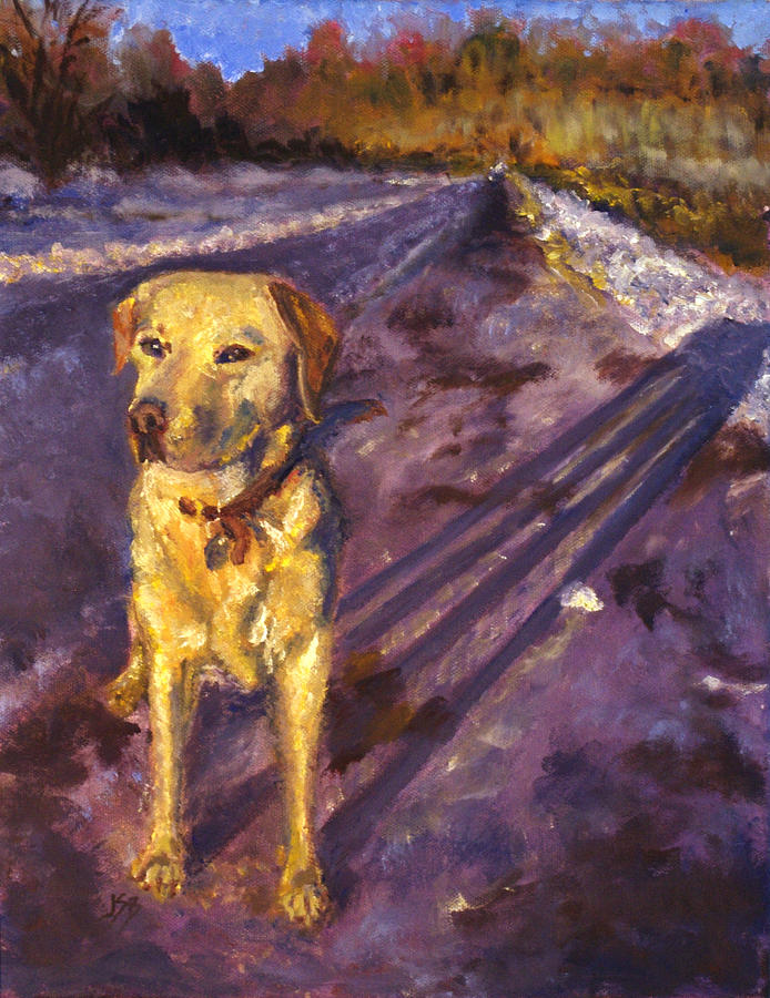 Oil painting of a yellow labrador retriever dog, brightly lit by late afternoon sun. Winter scene, dog is casting a long shadow on the snowy trail. A stand of trees in the distance.