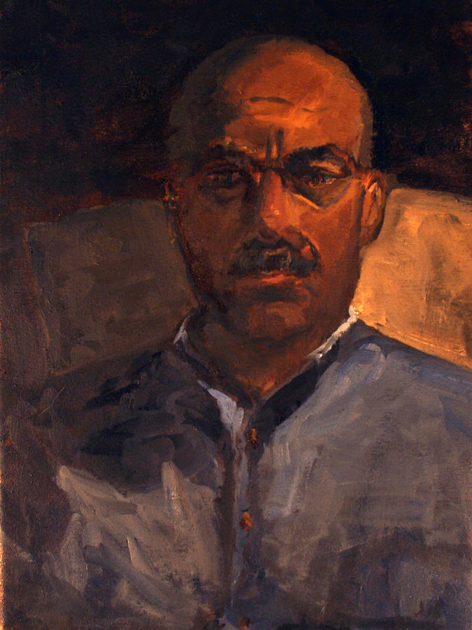 Oil painting of African American man wearing a blue chambray button up shirt with collar, seated, close up of chest and head. Dark golden warm lighting, shadowed on half of his face. The man, who is bald and has a small neatly trimmed mustache, is looking directly at the viewer.