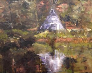 oil painting of a white tee pee of the far shore of a body of water (lake) with a reflection of the teepee in the water. Colors are earth tones.