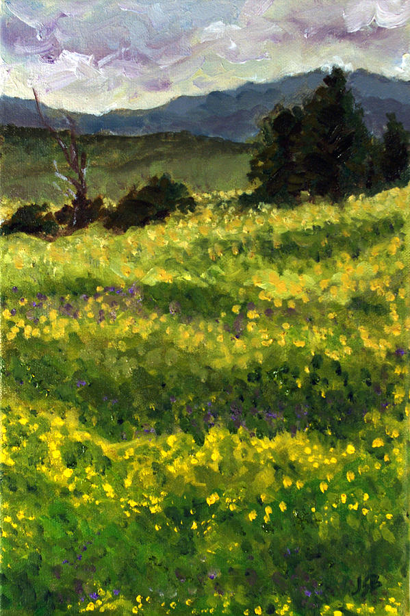 Oil painting, loose painterl;y style. Field of yellow buttercups and green grasses with purple flowers. Blue mountain range in the background under a stormy looking sky. Dark pine trees and shrubs in middle distance.