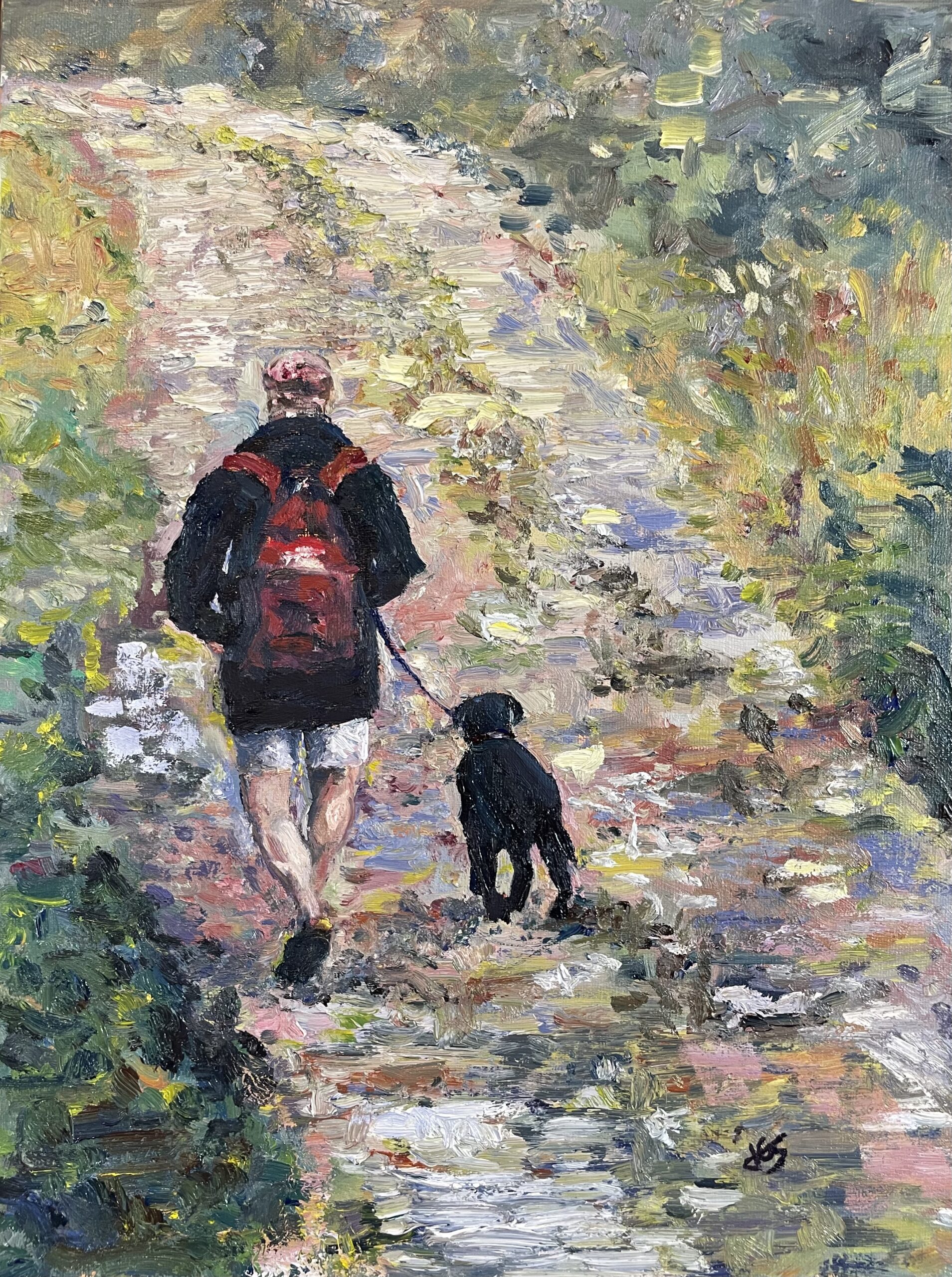 impressionistic, impasto, oil painting of a man wearing a black jacket, shorts, and a red baseball cap, carrying a red backpack. He is holding a leash and is accompanied by a black labrador retriever dog. Man and dog are walking away from the viewer on a two lane dirt track with vegetation on either side.