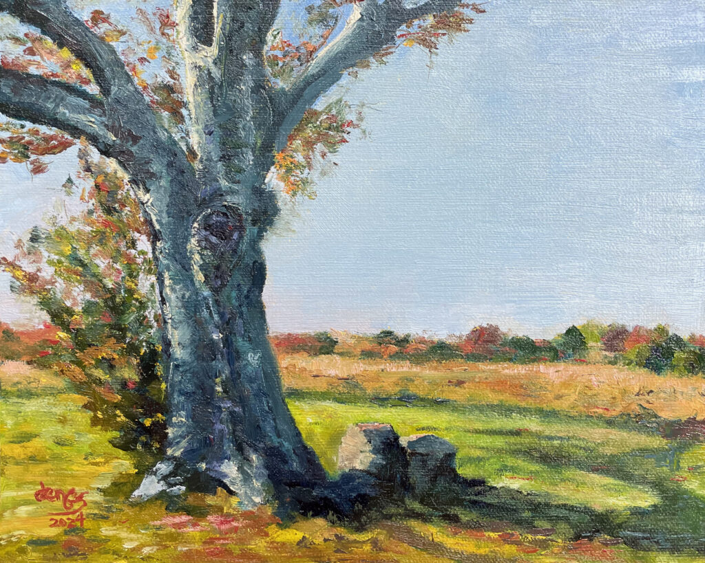 Oil painting of an oak tree