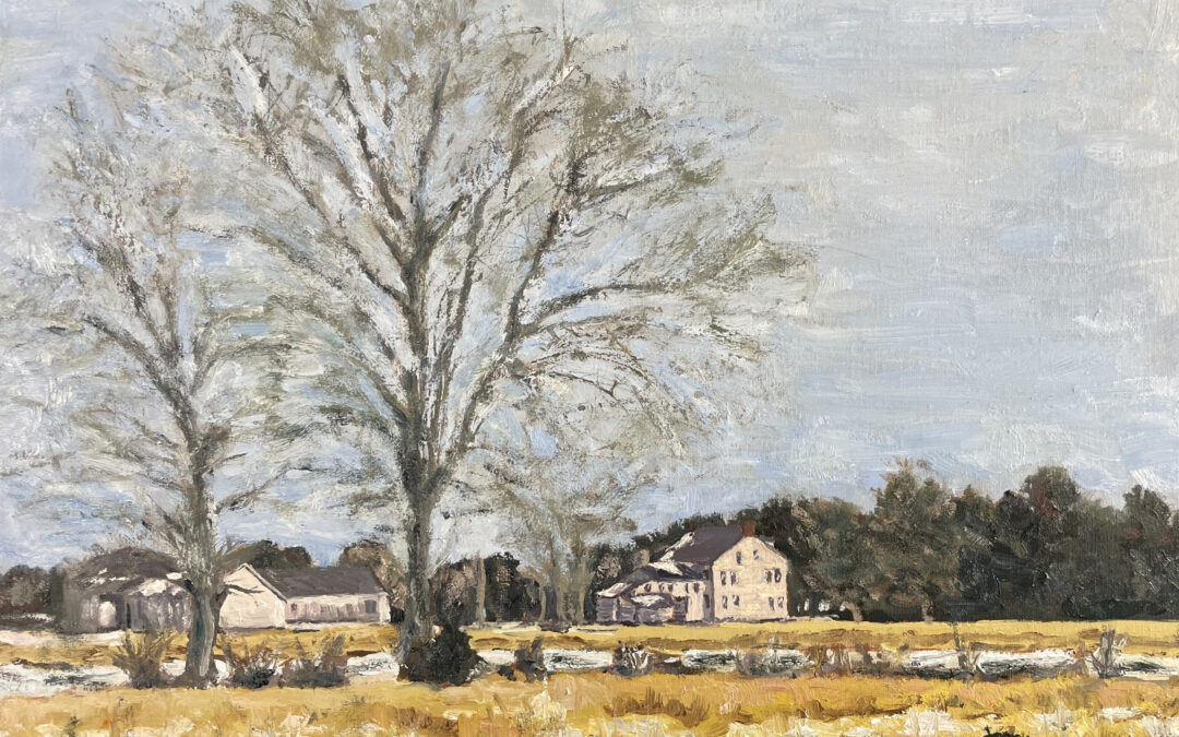 Oil painting winter landscape of farm house and outbuildings in distance, scraggly trees with no leaves in field, minimal snow on the ground and rof tops of farm buildings, evergreen trees begind the farm buildings, grey blue sky.