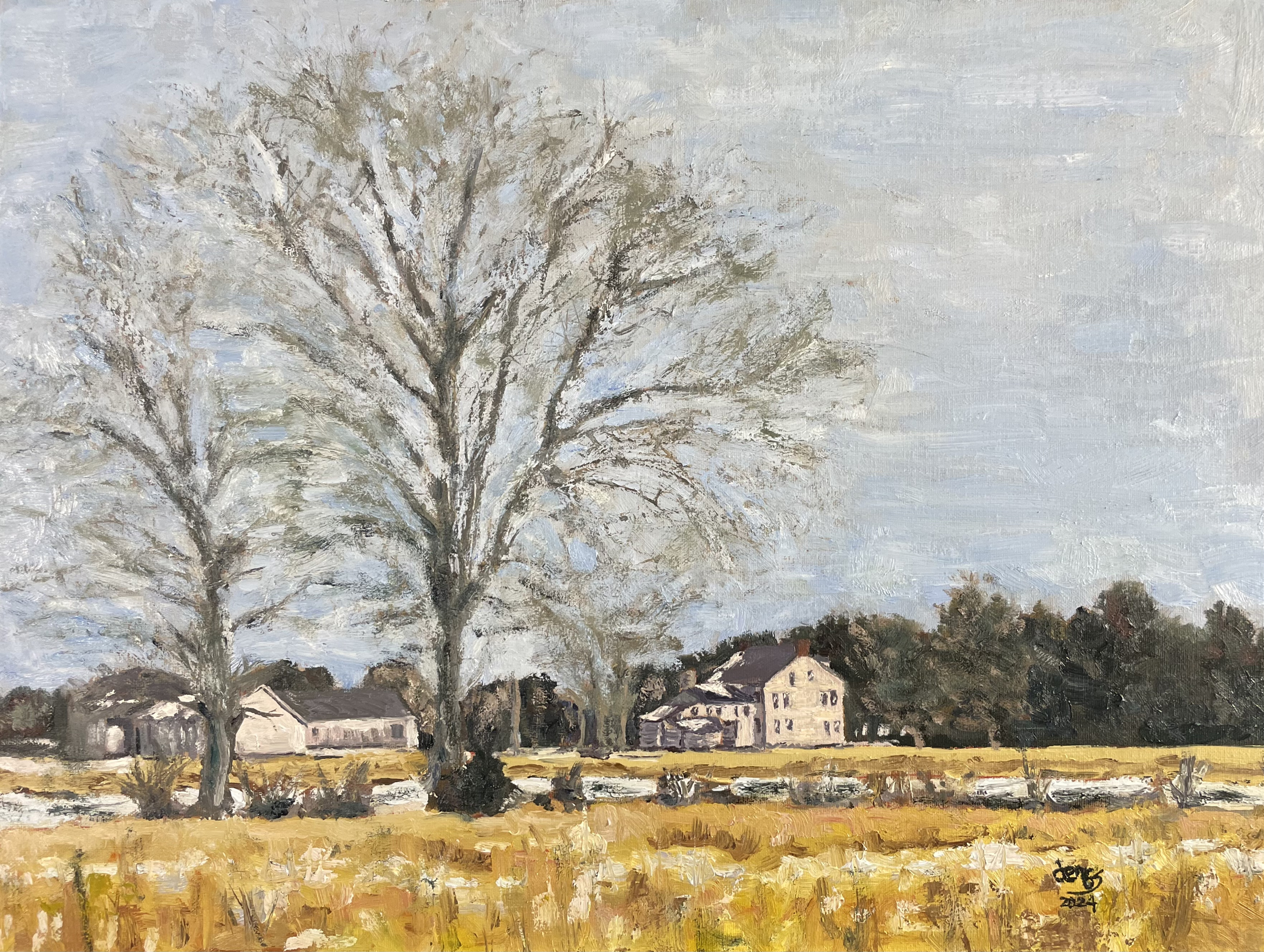 Oil painting winter landscape of farm house and outbuildings in distance, scraggly trees with no leaves in field, minimal snow on the ground and rof tops of farm buildings, evergreen trees begind the farm buildings, grey blue sky.