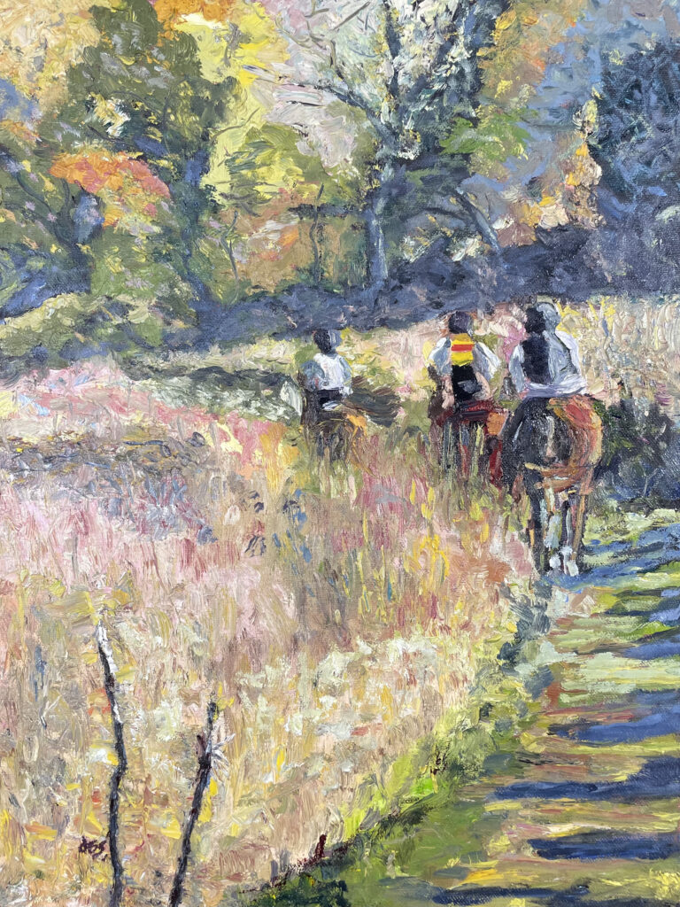impressionistic, impasto, oil painting of 3 horseback riders riding in a single file line on a grassy track bordered on both sides by tall grasses and bushes. The riders and horses are walking away from the viewer so we only see their backs and they are partially obscured by the tall grass. The trees are in the background indicate that the season is fall as some of the leaves have turned colors from greens to oranges, reds and yellows.