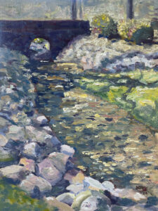 impressionistic oil painting of creek and reflections, sunny day