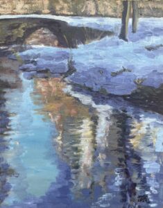 impressionistic oil painting of creek in snow, reflections on water
