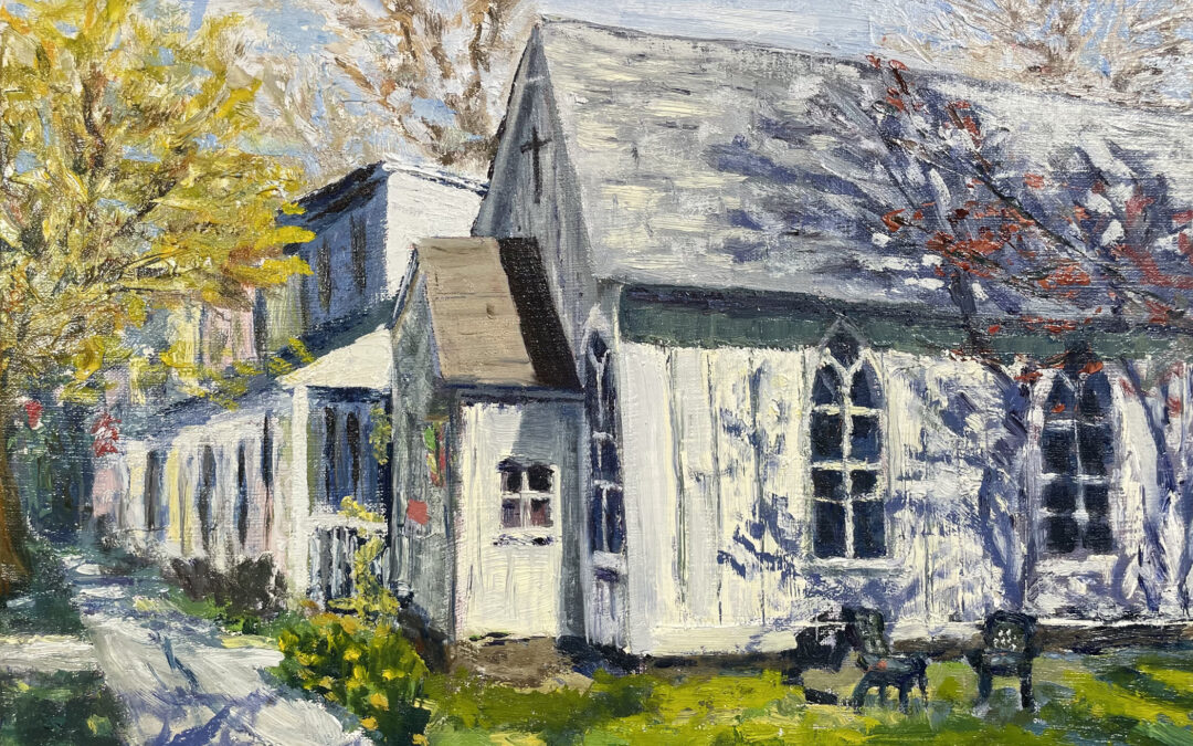 impressionistic oil painting of small white chapel in afternoon sunshine, shadows