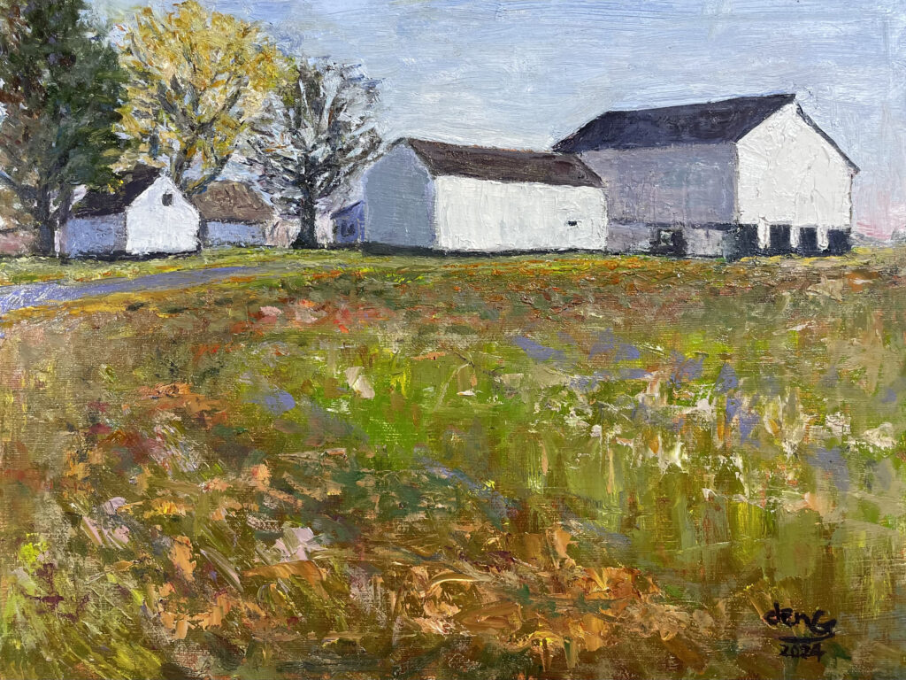 impressionistic oil painting of farm building in the distance, colorful tall grasses in field in foreground