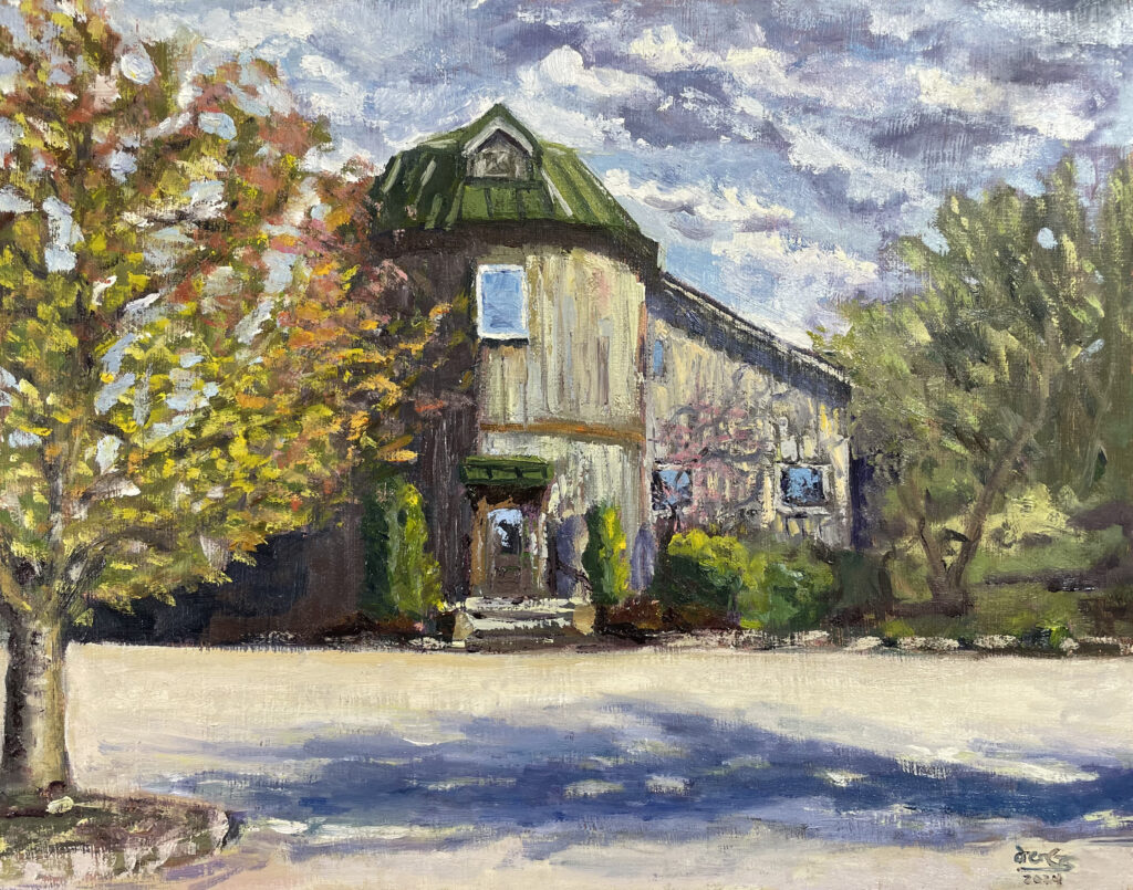 impressionistic oil painting of building with silo, cloudy sky