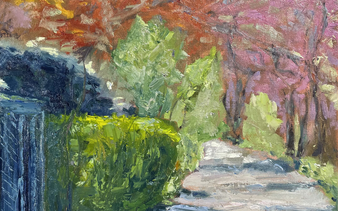 impressionistic oil painting of dirt path receding into distance, bordered by colorful flowering trees in springtime