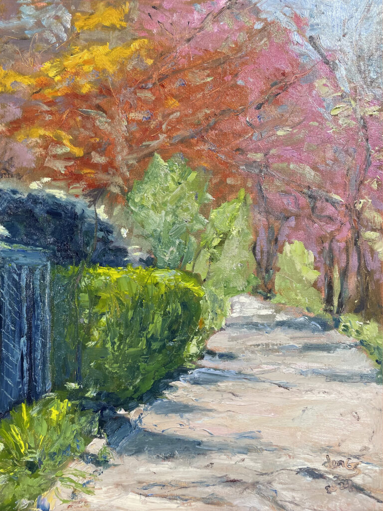 impressionistic oil painting of dirt path receding into distance, bordered by colorful flowering trees in springtime
