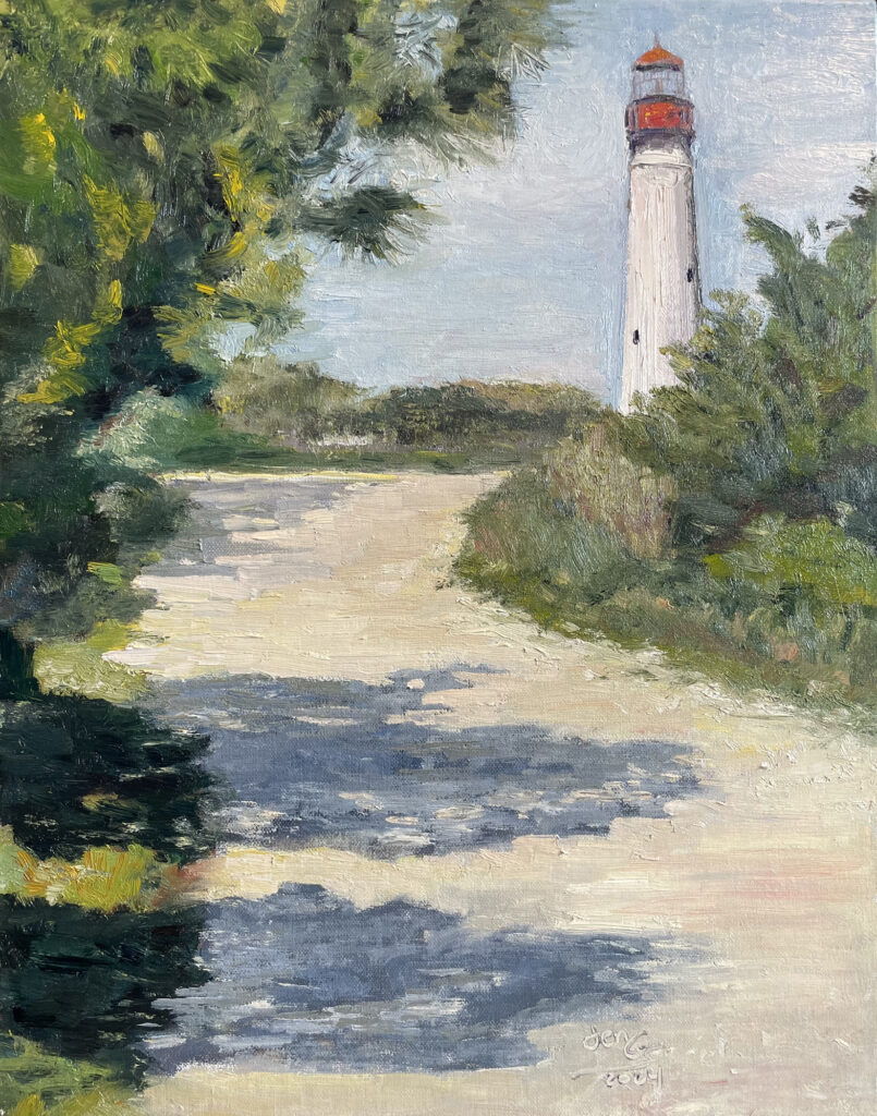 The is an oil painting showcasing a natural landscape featuring a lighthouse. The lighthouse is tall with a white body, and its top is capped with a red roof. It's situated to the right of the composition and surrounded by foliage and trees. A path of crushed stones and seashells leads towards the lighthouse, flanked by grass and bushes, and it's dotted with shadows that suggest the presence of overhead clouds or trees outside the frame of the painting. The brushwork is expressive with visible strokes, lending texture and a sense of movement to the scene. The use of light and shadow creates depth, drawing the viewer's eye towards the lighthouse. The color palette is predominantly green, blue, and earth tones, conveying a serene daytime setting.